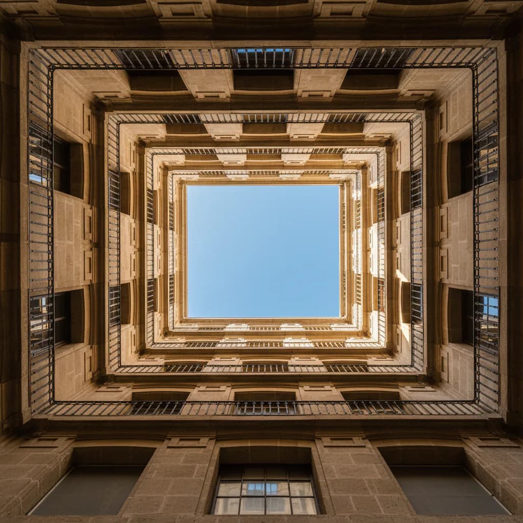Patio arquitectónico de Madrid abierto al cielo.