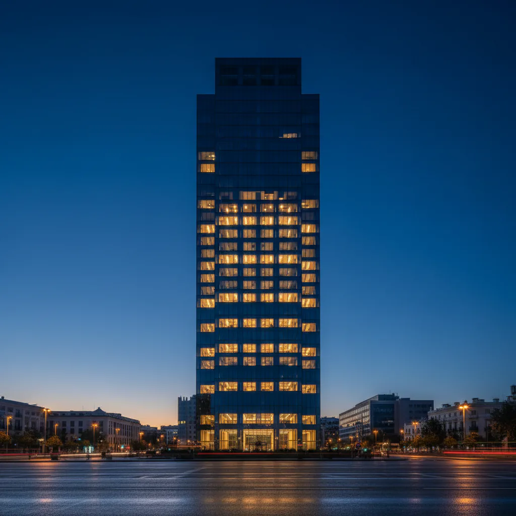 Torre iluminada al atardecer utilizada en la sección del modelo de inversión de EKEI.