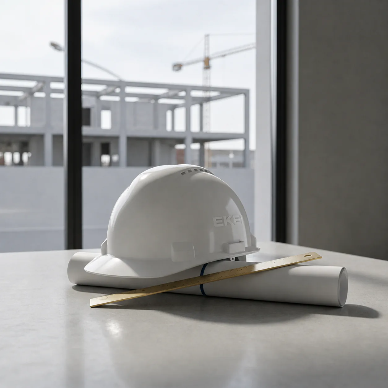 EKEI construction helmet and plans set beside a worksite window.