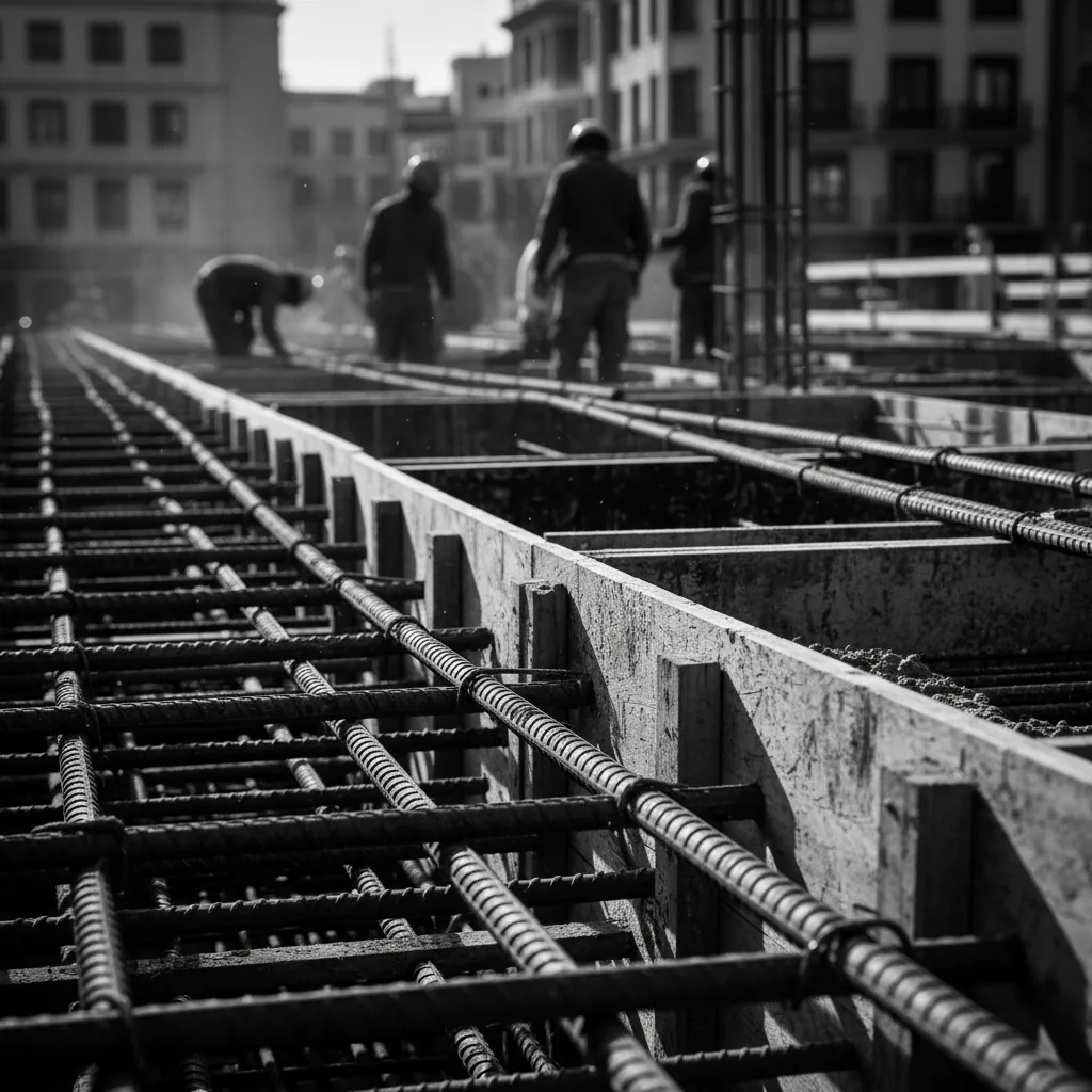 Rebar and formwork on an active construction site.